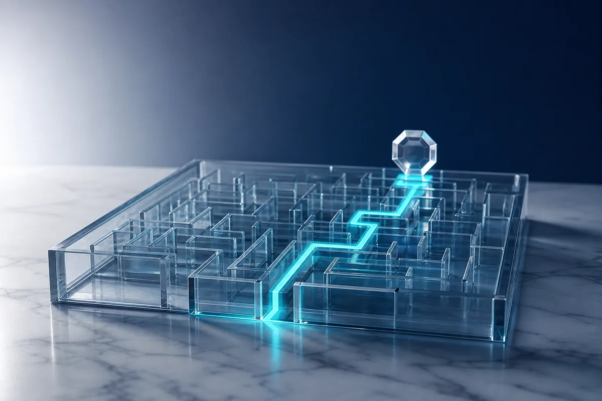 Illuminated path moving through a transparent workflow maze